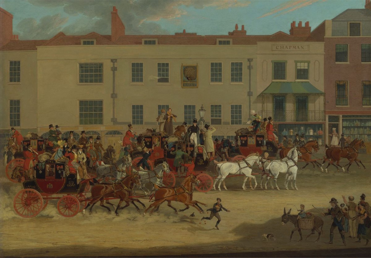 A rank of matched mail coaches outside an inn in an 1821 painting