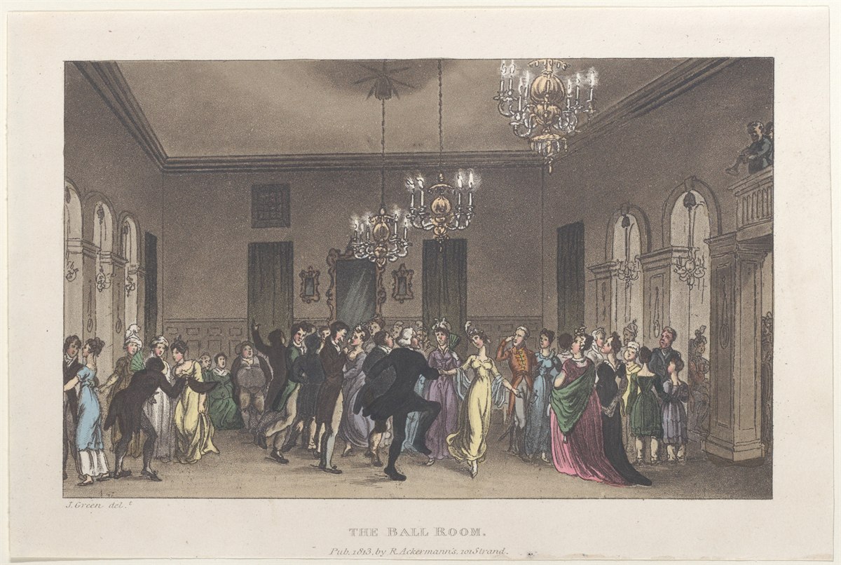 A Regency ball room with couples dancing, an 1813 print