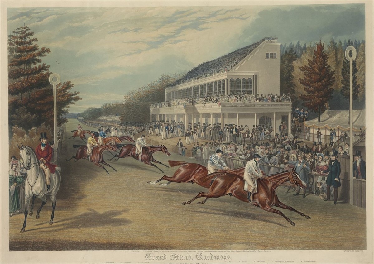 The grandstand at Goodwood Racecourse in an 1838 racing print
