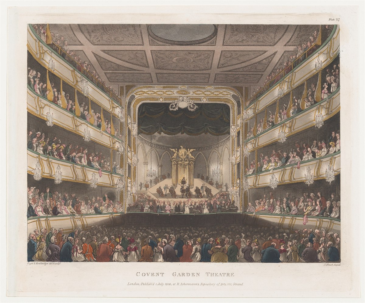 The packed auditorium of Covent Garden Theatre, an 1808 print