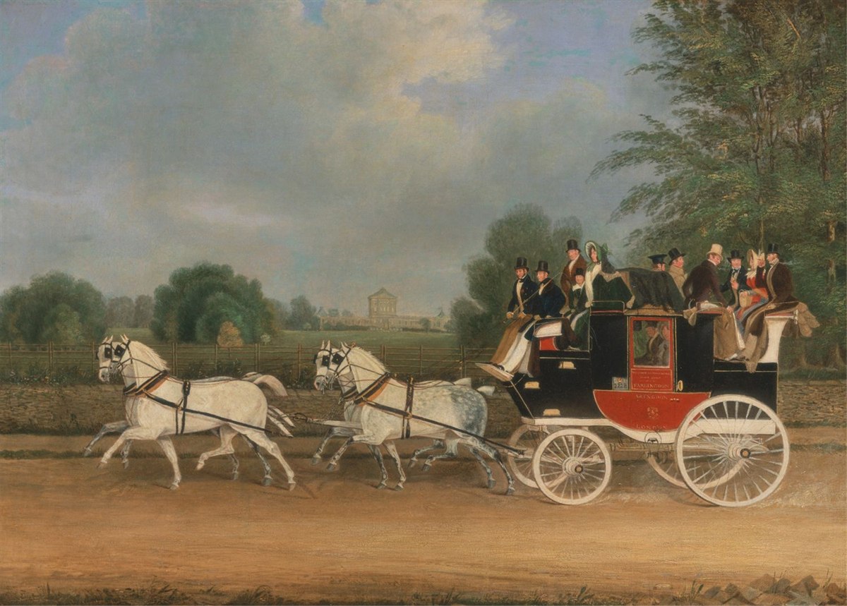 A coach-and-four arriving past a country house in an 1835 painting